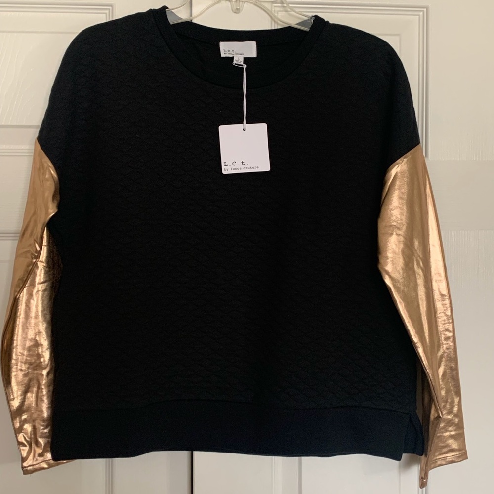 NWT Lucca Couture Black Quilted Pullover w/ Metallic Sleeves and Pockets